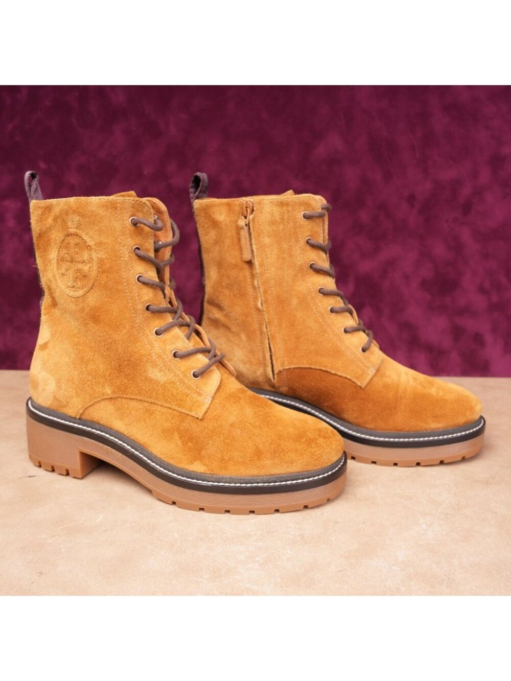 Tory Burch Women Miller T Logo Camel Suede Lace-Up Chunky Combat Boots sz 8M